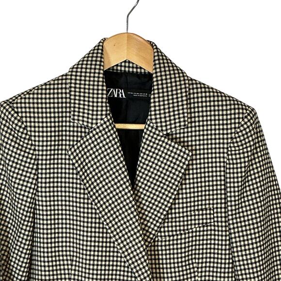 Zara Black Beige Houndstooth Gingham Boxy Cut Blazer Long Sleeve Women's Sz. M-L - Picture 2 of 12